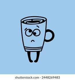Retro doodle funny character poster. Vintage drink vector illustration. Latte, cappuccino, coffee cup mascot. Nostalgia 60, 70s, 80s. Print for cafe