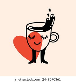 Retro doodle funny character poster. Vintage drink vector illustration. Latte, cappuccino, coffee cup mascot. Nostalgia 60, 70s, 80s. Print for cafe