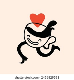 Retro doodle funny coffee character with heart poster. Vintage drink vector illustration. Latte, cappuccino, coffee cup mascot. Nostalgia 60, 70s, 80s.
