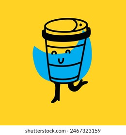Retro doodle funny coffee character with heart poster. Vintage drink vector illustration. Latte, cappuccino, coffee cup mascot. Nostalgia 60, 70s, 80s.