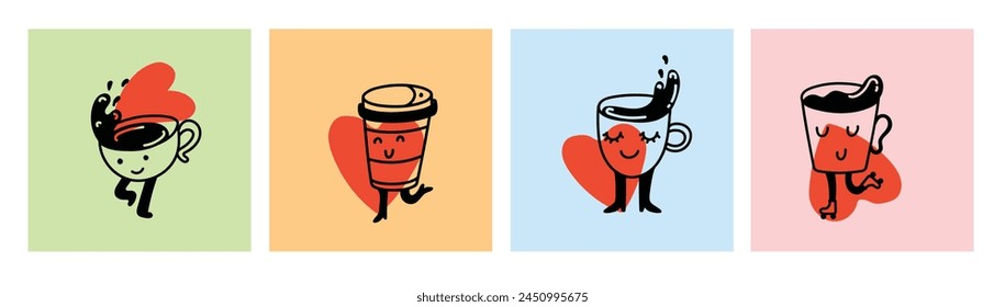 Retro doodle funny coffee characters with hearts posters. Vintage drink vector illustration. Latte, cappuccino, coffee cup mascot. Nostalgia 60, 70s, 80s.