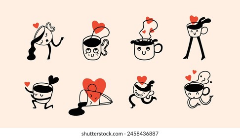 Retro doodle funny coffee characters with heart poster. Vintage drink vector illustration. Latte, cappuccino, coffee cup mascot. Nostalgia 60, 70s, 80s.