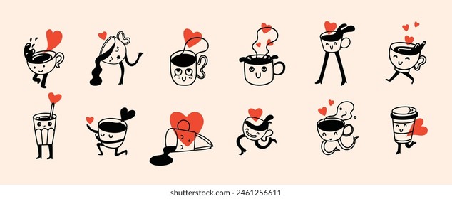 Retro doodle funny coffee characters with heart set. Vintage drink vector illustration. Latte, cappuccino, coffee cup mascot. Nostalgia 60, 70s, 80s.