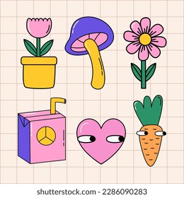 Retro doodle groovy stickers. 90s nostalgic vibes. Hippie vector illustrations. 90s retro sticker pack. Nostalgic aesthetic illustrations set