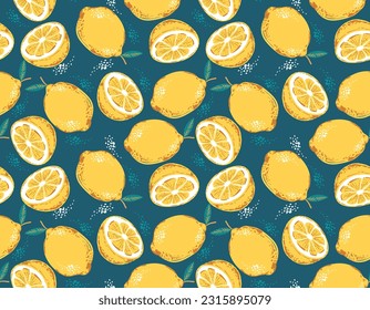 Retro doodle hand drawn lime and lemon seamless pattern. Tropical leaves summer citrus fruit vintage style.Design for fashion , fabric, textile, wallpaper , wrapping and all prints 