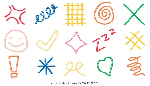 Retro doodle hand drawn, set element sketch crayon scribble