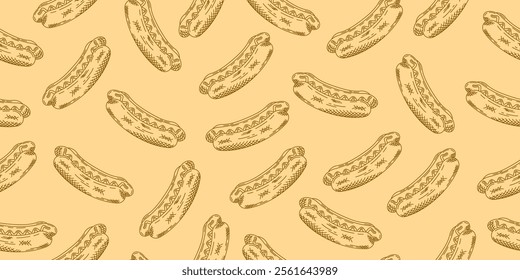 Retro doodle hot dog seamless pattern background. Hot dog sausage hand drawn sketch. Vector illustration