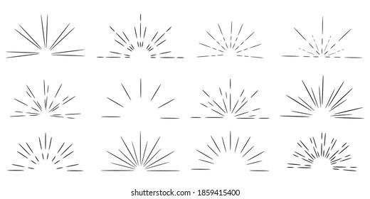 Retro doodle illustration with sunrise by hand on light background. Black-white sunburst. Vector image.