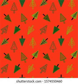 Retro doodle seamless pattern. Simple Christmas textile design. Abstract modern paper packaging. Minimal Christmas tree wallpaper. Trendy linear background. Classic pattern with green draw, EPS10