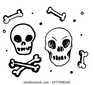 Retro doodle skull, great design for any purposes.vector set of isolated skull heads and bones with a pattern of dots. hand drawn doodle style skull and crossbones with black line on white background 