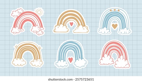 Retro doodle style set of rainbows . Cute pastel rainbow stickers, scrapbook icons. Minimal abstract art.