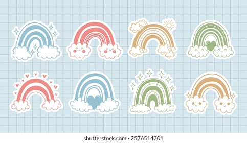 Retro doodle style set of rainbows . Cute pastel rainbow stickers, scrapbook icons. Minimal abstract art.