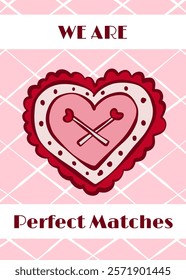 Retro doodle Valentine Day card. Hand drawn cute romance vector illustration. Simple love poster with heart and matches