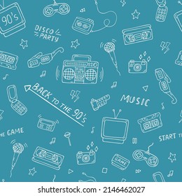 Retro doodles pattern. Back to 90s seamless background. Trendy vector pattern. Doodle illustration for vintage designs.