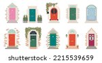 Retro doors. Vintage front doorway exterior with brick wall. House or office red and green entrance with glass. Wooden door design with handle set. Vector illustration cartoon