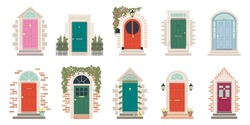 Retro Doors. Vintage Front Doorway Exterior With Brick Wall. House Or Office Red And Green Entrance With Glass. Wooden Door Design With Handle Set. Vector Illustration Cartoon