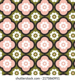 Retro Dots Tile Style Florals Geometric Trendy Fashion Seamless Pattern Chic Colors Perfect for Allover Fabric Print Pastel Pink Olive Green Tones
