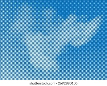 Cielo azul retro salpicado con nube blanca. Fondo, Anuncio con puntos, círculos. Abstractas semitono texturizado. Textura groovy grunge. Vector EPS10
