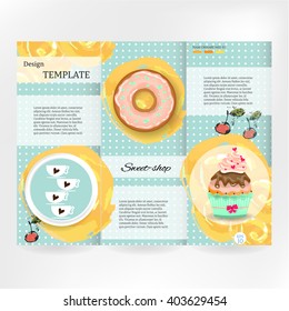 Retro, dotted template design brochure, flyer with cupcake with whipped cream, donut with hearts and pink glaze, red cherries, white cups of coffee, isolated on bright background