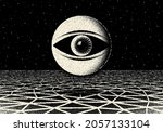 Retro dotwork landscape with 60s or 80s styled alien robotic space eye over the desert planet on the background with old sci-fi style