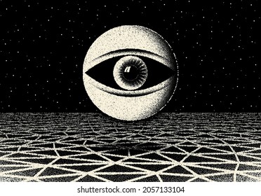 Retro dotwork landscape with 60s or 80s styled alien robotic space eye over the desert planet on the background with old sci-fi style