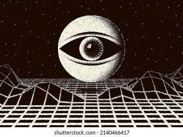 Retro dotwork landscape with 60s or 80s styled alien robotic space eye over the desert planet on the background with old sci-fi style