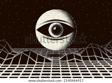 Retro dotwork landscape with 60s or 80s styled alien robotic space eye over the desert planet on the background with old sci-fi style