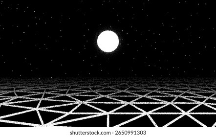 Paisagem retro dotwork com 60s estilo rachado terra e sol no fundo do livro antigo sci-fi ou cartaz
