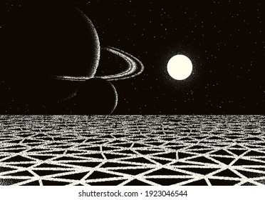 Retro dotwork landscape with 80s styled cracked land, planet with rings and sun on the background from old sci-fi book or poster.