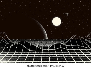 Retro dotwork landscape with 80s styled laser grid, planet, sun and stars background from old sci-fi book or poster