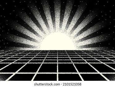 Retro dotwork landscape with 80s styled sun rays, laser grid and stars background from old sci-fi book or poster
