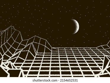 Retro dotwork landscape with 80s styled laser grid, planet, sun and stars background from old sci-fi book or poster