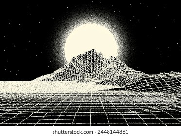 Retro dotwork landscape with 80s styled sun, grid mountains and stars background from old sci-fi book or poster.