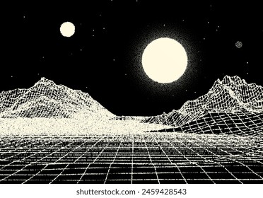 Retro dotwork landscape with 80s styled sun, grid mountains and stars background from old sci-fi book or poster.