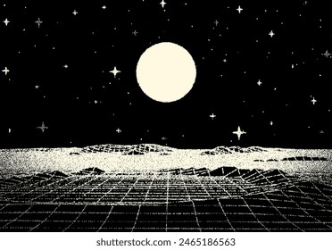 Retro dotwork landscape with 80s styled sun, grid mountains and stars background from old sci-fi book or poster.