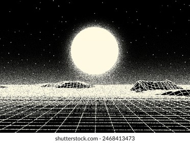 Retro dotwork landscape with 80s styled sun, grid mountains and stars background from old sci-fi book or poster.