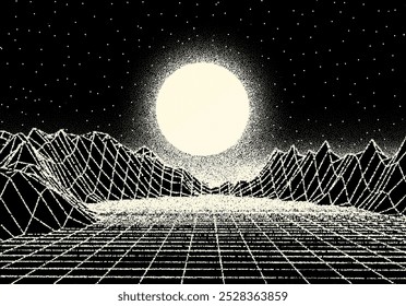 Paisaje de dotwork retro con sol de estilo de los años 80, montañas de cuadrícula y estrellas de fondo de un viejo libro o póster de ciencia ficción.