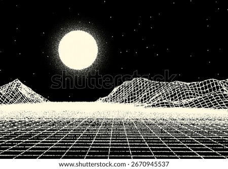 Retro dotwork landscape with 80s styled sun, grid mountains and stars background from old sci-fi book or poster.