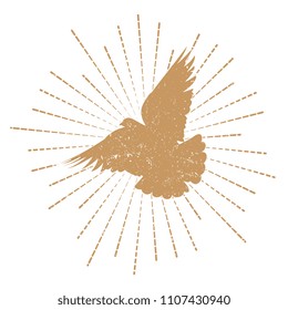 Retro dove in starburst logo design. Pigeon silhouette isolated on white background. Vector illustration