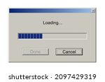Retro download bar, alert window on computer monitor with loading message vector illustration. Classic style of upload progress in old system user interface, warning pixel website design with buttons