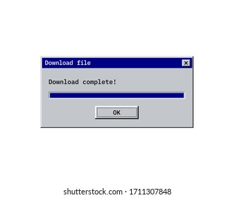 Retro download bar, alert window mockup in classic style, old system user interface of copy or saving process. Vector dialog screen with ok button and download complete message.