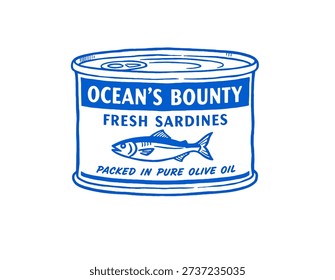 Retro drawing of canned fish, fresh sardines, ocean bounty, seafood label vector, grocery item, vintage style illustration, blue monochrome, simple, minimal