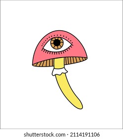 Dibujo retro; hongos mágicos, pegatinas en estilo retro. Imprima para la ropa. Ilustración vectorial de moda.