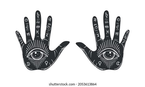 Retro drawing of palms with an all-seeing eye and symbols of the planets, an icon for palmistry, two hands. mystical element for fortune telling, astrology, esotericism. Vector flat illustration