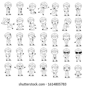 Retro Drawing of Policeman Cop Poses - Set of Concepts Vector illustrations