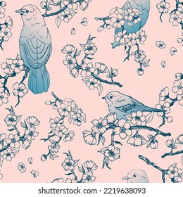 Retro drawing, vector. Birds on a cherry branch in pastel colors.