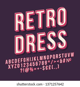 Retro dress 3d vector lettering. Vintage bold font. Pop art stylized text. Old school style letters, numbers, symbols pack. 90s poster, banner, signboard typography design. Purple color background