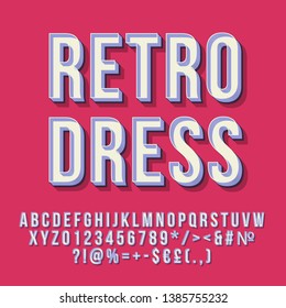 Retro dress 3d vector lettering. Vintage bold font. Pop art stylized text. Old school style letters, numbers, symbols pack. 90s, 80s poster, banner, signboard typography design. Pink color background