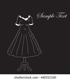 Retro dress on a hanger on a black background, hand drawing. Fashion, style invitation card. Vector illustration.