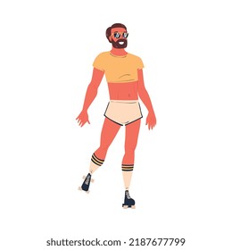 Retro Dressed Bearded Man Roller Skater In Shorts Roller Skating And Smiling Vector Illustration